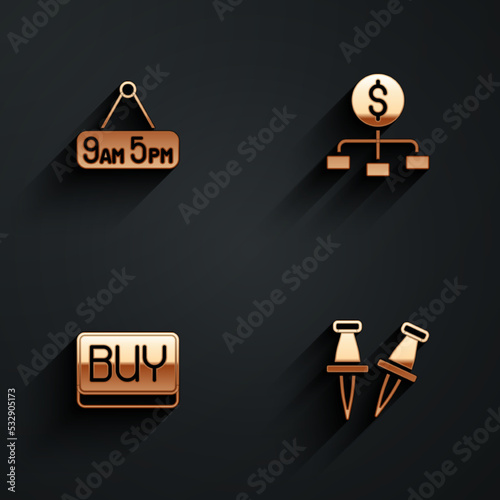 Set From 9 to 5 job, Hierarchy with dollar, Buy button and Push pin icon with long shadow. Vector
