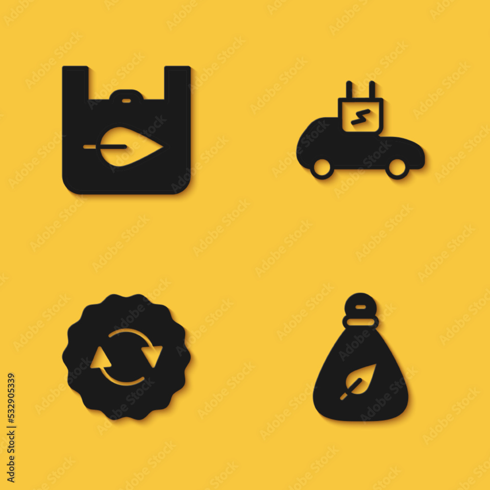 Set Shopping bag with recycle, Garbage, Recycle symbol and Electric car icon with long shadow. Vector Set Shopping bag with recycle, Garbage, Recycle symbol and Electric car icon with long shadow. Vector