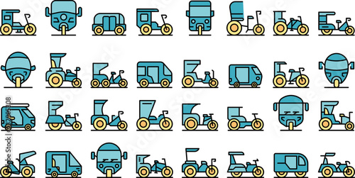Trishaw icons set outline vector. Pedicab bicycle. Bike indian thin line color flat on white