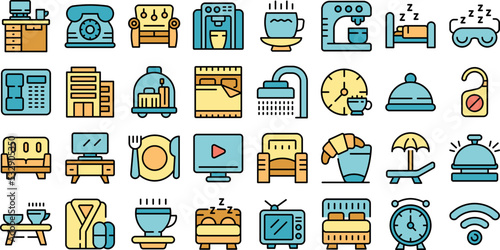 Coffee in bed icons set outline vector. Morning night. Relax breakfast thin line color flat on white