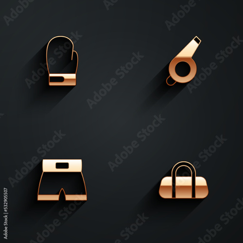 Set Boxing glove, Whistle, short and Sport bag icon with long shadow. Vector