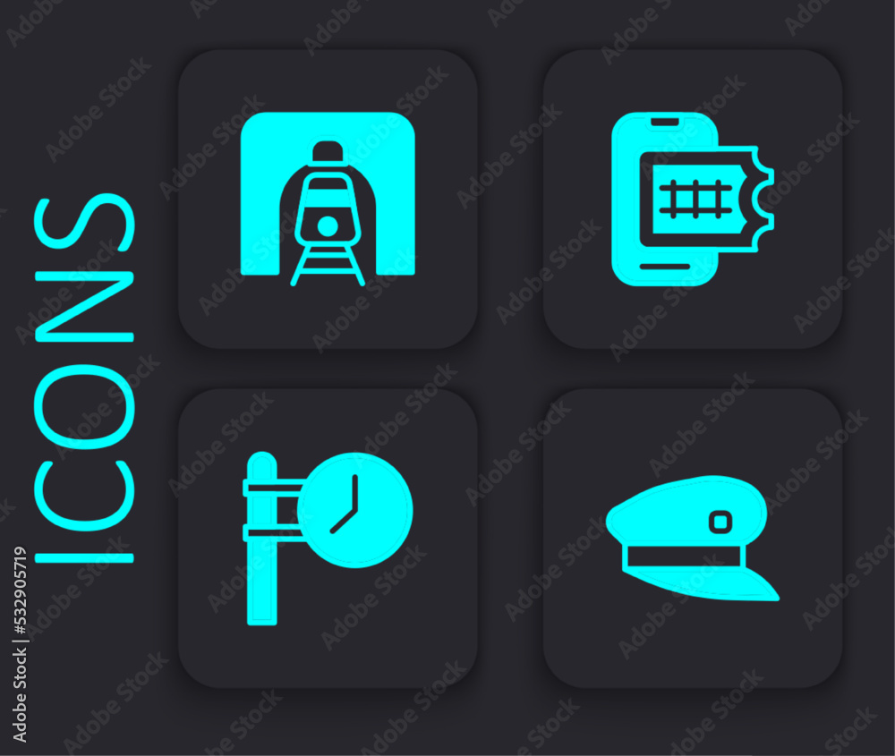 Set Train driver hat, railway tunnel, Online ticket booking and station clock icon. Black square button. Vector Set Train driver hat, railway tunnel, Online ticket booking and station clock icon. Black square button. Vector