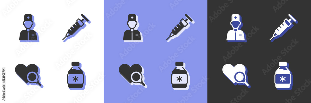 Set Bottle of medicine syrup, Male doctor, Medical heart inspection and Syringe icon. Vector Set Bottle of medicine syrup, Male doctor, Medical heart inspection and Syringe icon. Vector