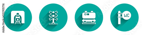 Set Train in railway tunnel, Railroad crossing, Oil cistern and Toilet icon with long shadow. Vector