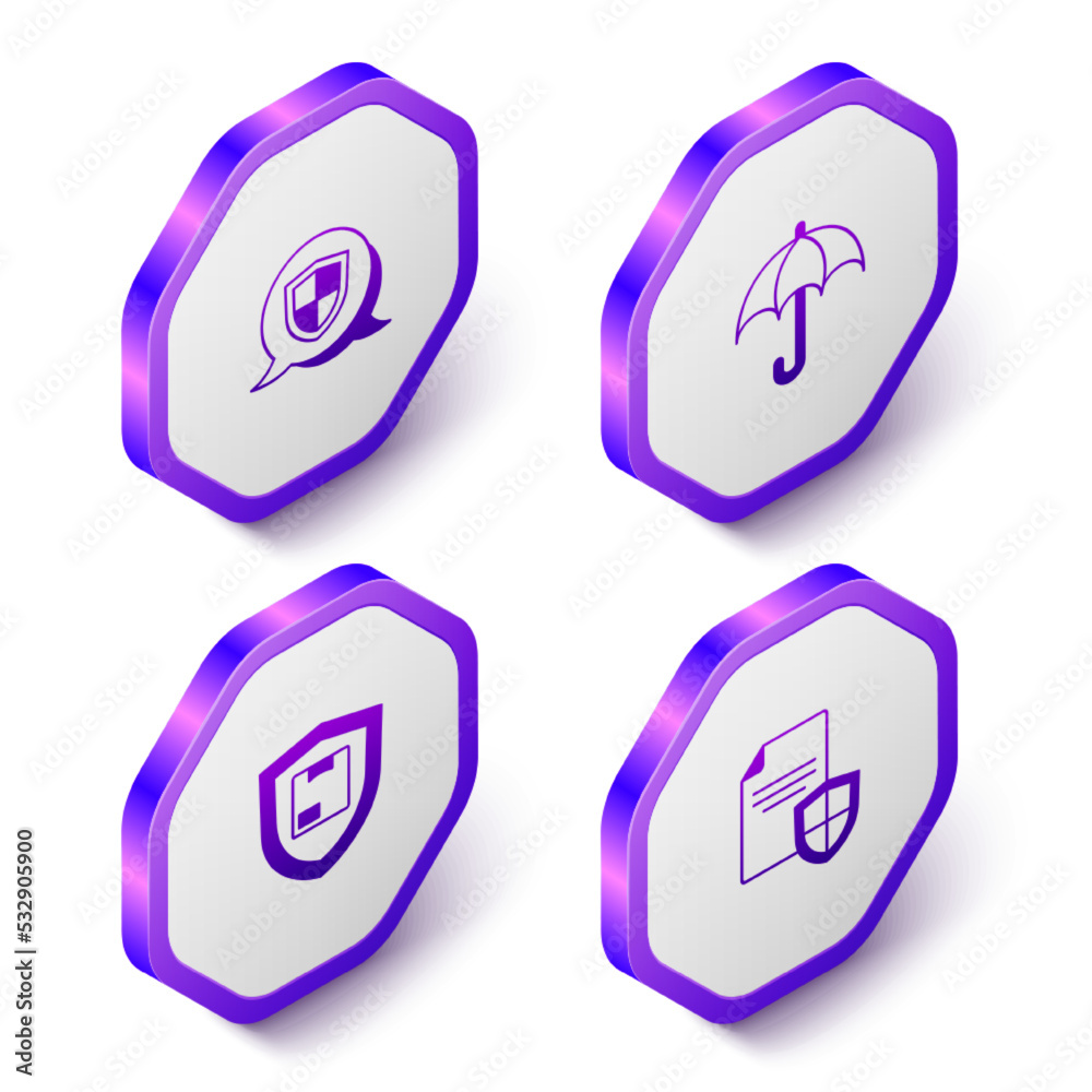 Set Isometric Shield, Umbrella, Delivery security with shield and Contract icon. Purple hexagon button. Vector Set Isometric Shield, Umbrella, Delivery security with shield and Contract icon. Purple hexagon button. Vector