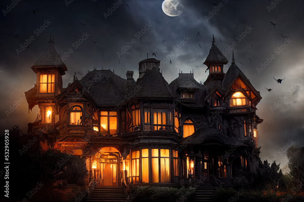 Large victorian house of terror with a full moon in the dark and candlelight. Halloween theme of horror house in the dark. 3D illustration and fantasy digital painting.