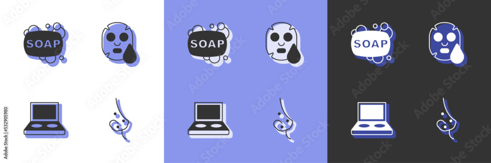 Set Acne, Bar of soap, Eye shadow palette with brush and Facial cosmetic mask icon. Vector