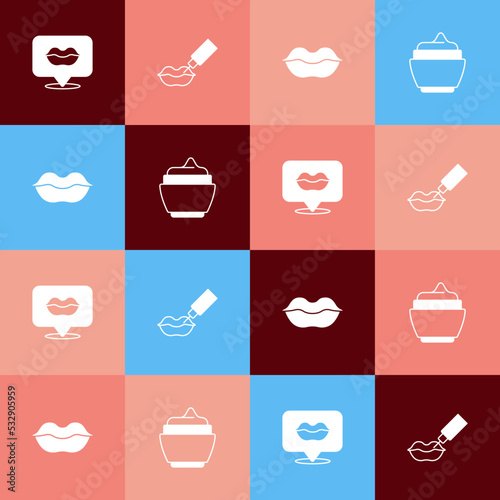 Set pop art Smiling lips, Lip augmentation, and Cream or lotion cosmetic tube icon. Vector