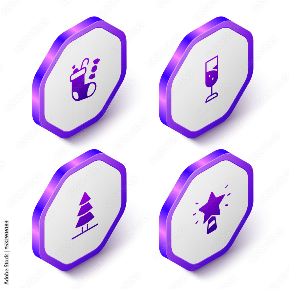 Set Isometric Christmas stocking, Glass of champagne, tree and star icon. Purple hexagon button. Vector Set Isometric Christmas stocking, Glass of champagne, tree and star icon. Purple hexagon button. Vector