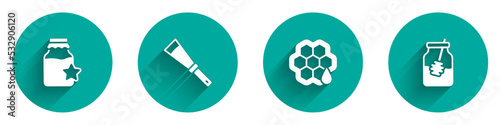 Set Jar of honey, Beekeeping knife, Honeycomb and and dipper stick icon with long shadow. Vector