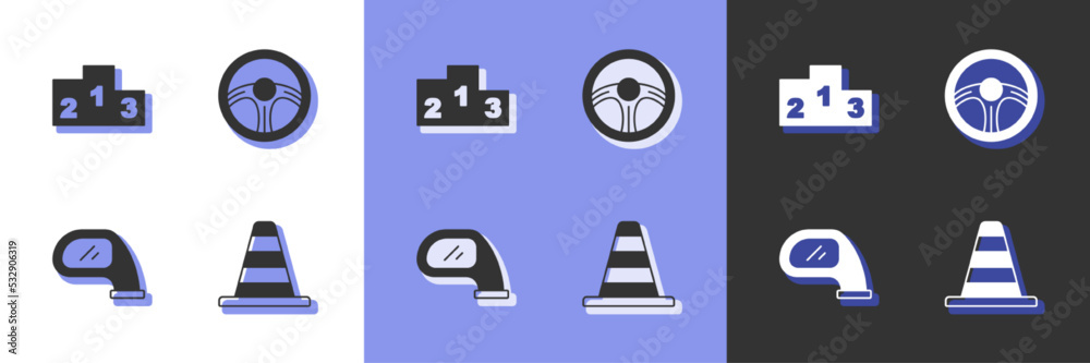 Set Traffic cone, Award over sports winner podium, Car mirror and Racing steering wheel icon. Vector Set Traffic cone, Award over sports winner podium, Car mirror and Racing steering wheel icon. Vector