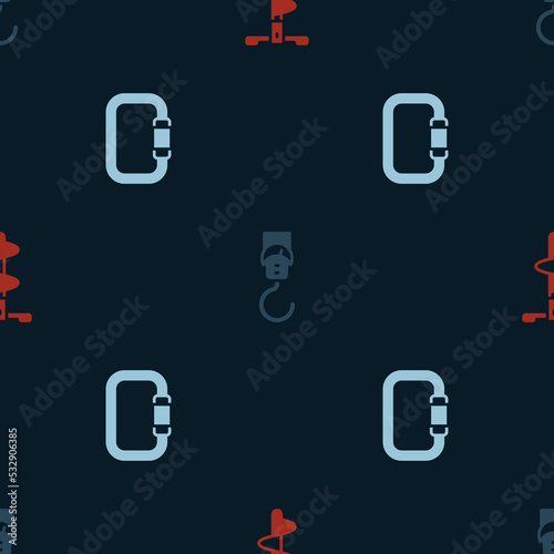 Set Hand ice drill, Spring scale and Carabiner on seamless pattern. Vector