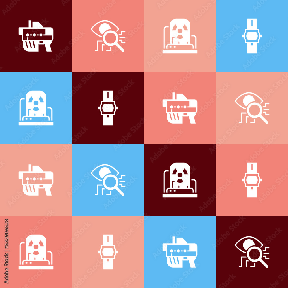 Set pop art Futuristic weapon, Eye scan, Radioactive warning lamp and Wrist watch icon. Vector Set pop art Futuristic weapon, Eye scan, Radioactive warning lamp and Wrist watch icon. Vector