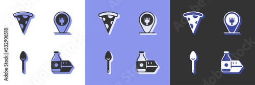 Set Online ordering food  Slice of pizza  Spoon and Cafe and restaurant location icon. Vector