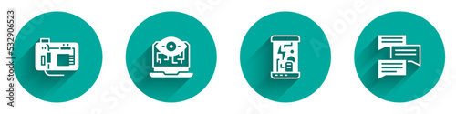 Set Motherboard, Computer vision, Cryogenic capsules and Speech bubble chat icon with long shadow. Vector