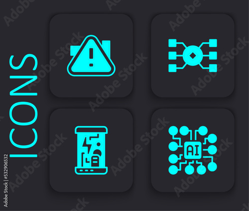 Set Neural network, Exclamation mark in triangle, and Cryogenic capsules icon. Black square button. Vector