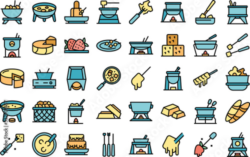 Fondue icons set outline vector. Cheese melted. Cooking cuisine thin line color flat on white