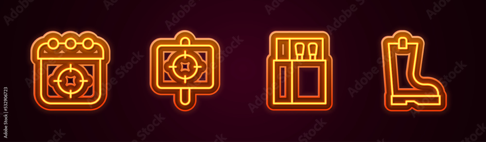 Set line Target sport, Open matchbox and matches and Waterproof rubber boot. Glowing neon icon. Vector Set line Target sport, Open matchbox and matches and Waterproof rubber boot. Glowing neon icon. Vector
