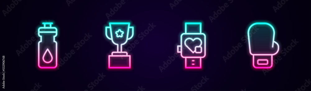 Set line Fitness shaker, Award cup, Smart watch with heart and Boxing glove. Glowing neon icon. Vector Set line Fitness shaker, Award cup, Smart watch with heart and Boxing glove. Glowing neon icon. Vector