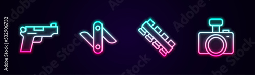 Set line Pistol or gun, Swiss army knife, Hunting cartridge belt and Photo camera. Glowing neon icon. Vector photo