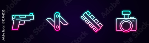 Set line Pistol or gun, Swiss army knife, Hunting cartridge belt and Photo camera. Glowing neon icon. Vector