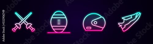 Set line Fencing, American Football ball, Racing helmet and Fitness sneakers shoes. Glowing neon icon. Vector