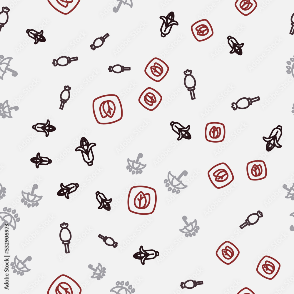 Set line Corn, Opium poppy, Umbrella and rain drops and Leaf on seamless pattern. Vector