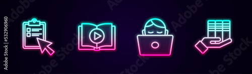 Set line Online quiz, test, survey, Audio book, Student working at laptop and Book donation. Glowing neon icon. Vector