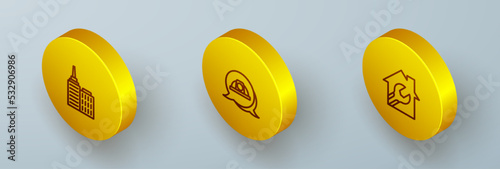 Set Isometric line City landscape, Worker safety helmet and House with wrench spanner icon. Vector