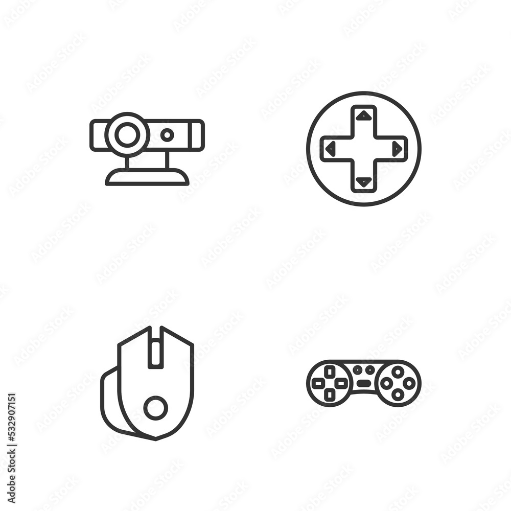 Set line Game controller or joystick, Computer mouse, Web camera and icon. Vector Set line Game controller or joystick, Computer mouse, Web camera and icon. Vector