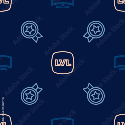 Set line Computer monitor, Game rating with medal and Level game on seamless pattern. Vector