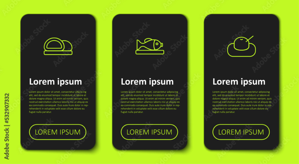 Set line Sushi, Served fish on a plate and Mochi. Business infographic template. Vector Set line Sushi, Served fish on a plate and Mochi. Business infographic template. Vector