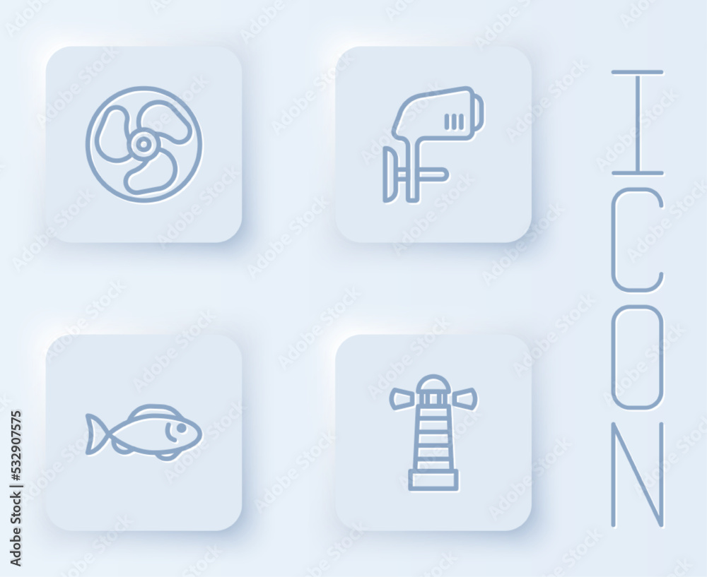 Set line Outboard boat motor, Fish and Lighthouse. White square button. Vector Set line Outboard boat motor, Fish and Lighthouse. White square button. Vector