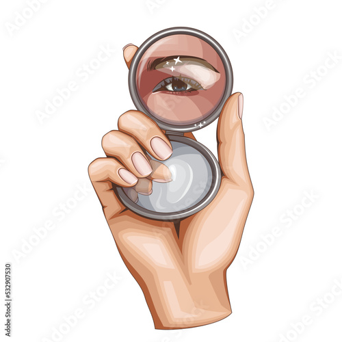 Female Hand holding Mirror with face reflection. Makeup Illustrations. Beauty Salon design concept