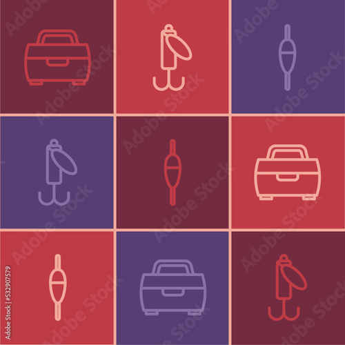Set line Case or box for fishing equipment, Fishing float and lure icon. Vector