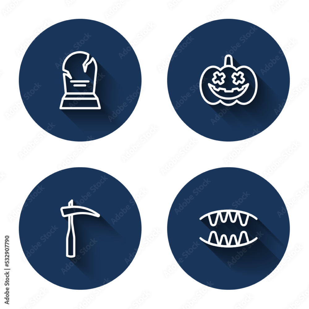Set line Tombstone with RIP written, Pumpkin, Scythe and Vampire teeth with long shadow. Blue circle button. Vector Set line Tombstone with RIP written, Pumpkin, Scythe and Vampire teeth with long shadow. Blue circle button. Vector