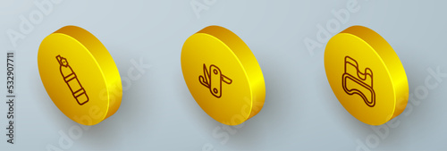 Set Isometric line Aqualung, Swiss army knife and Diving mask icon. Vector