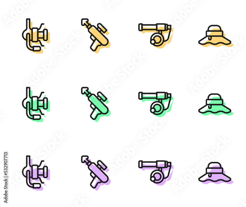 Set line Fishing rod, Spinning reel for fishing, harpoon and Fisherman hat icon. Vector