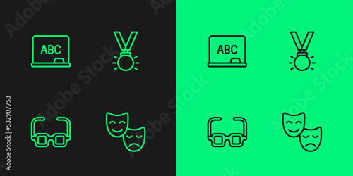 Set line Comedy and tragedy masks, Glasses, Chalkboard and Medal icon. Vector
