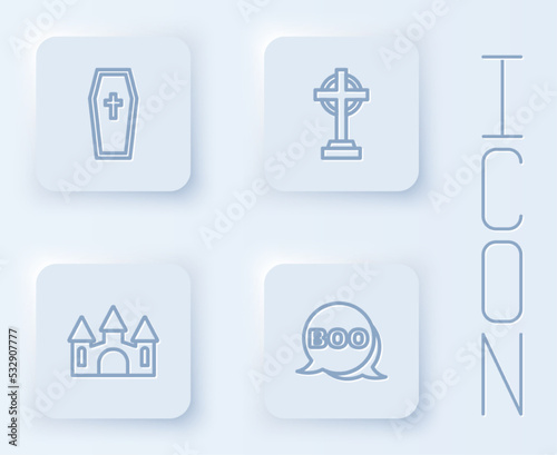 Set line Coffin with christian cross, Tombstone, Castle and Boo speech bubble. White square button. Vector
