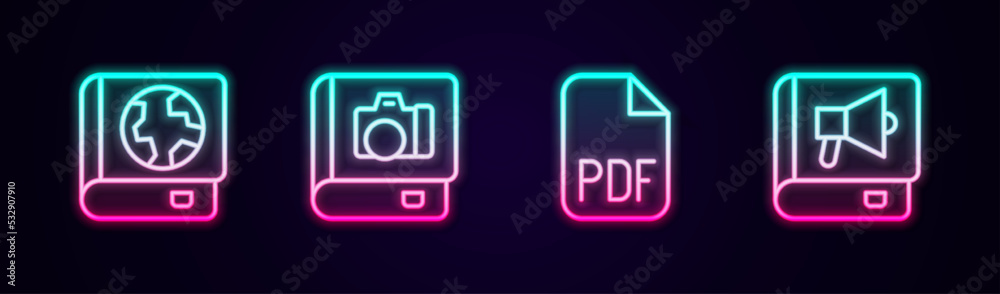Set line Earth globe and book, Photo album gallery, PDF file document and Book. Glowing neon icon. Vector Set line Earth globe and book, Photo album gallery, PDF file document and Book. Glowing neon icon. Vector