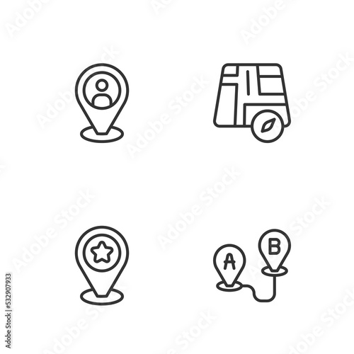 Set line Route location, Location with star, Taxi client and taxi car icon. Vector