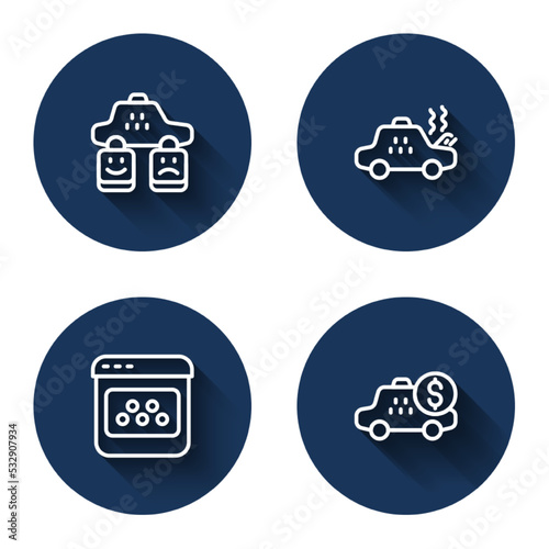 Set line Taxi service rating, Broken taxi car, mobile app and Taximeter device with long shadow. Blue circle button. Vector