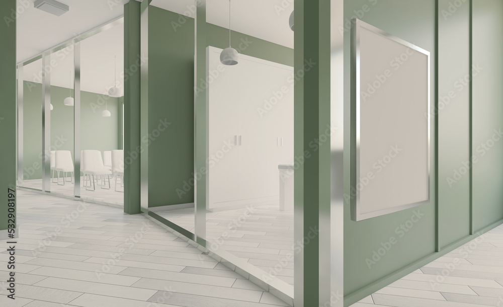 Elegant office interior. Mixed media. 3D rendering.. Mockup. Empty paintings Elegant office interior. Mixed media. 3D rendering.. Mockup. Empty paintings