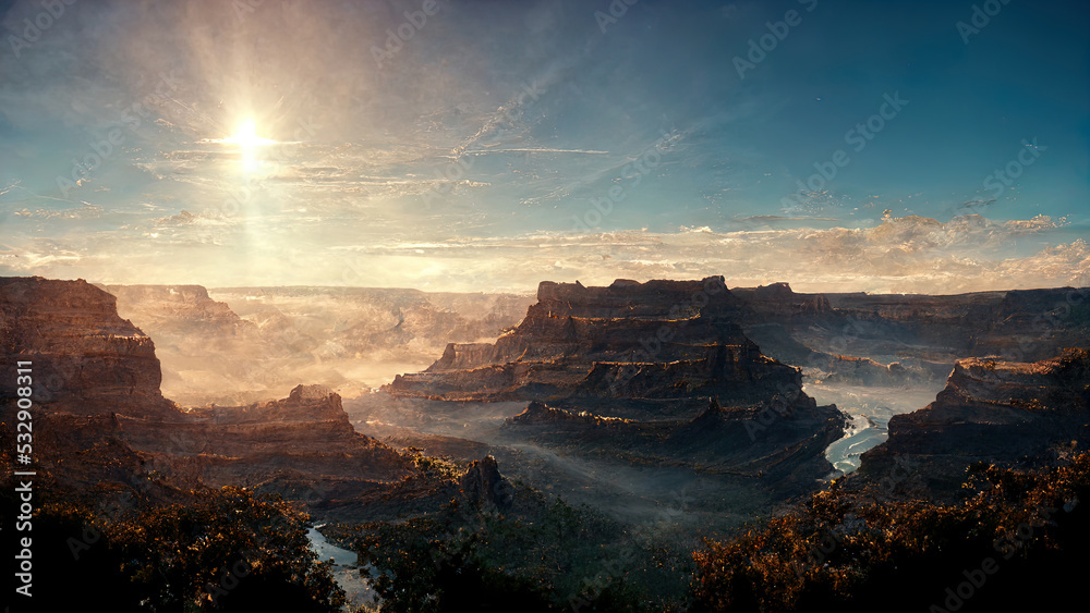 Canyon at dawn with fog and the sun in the sky