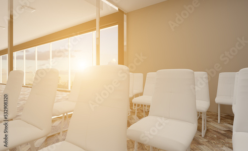 Furniture set with table, chairs and devices. 3D rendering.. Sunset. © COK House