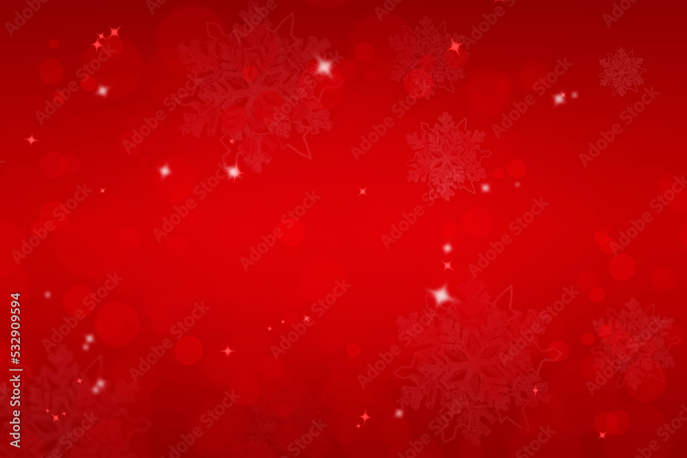 Red merry christmas background with bokeh and snowflakes. Place for text, copyspace.