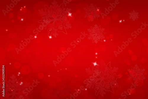 Red merry christmas background with bokeh and snowflakes. Place for text, copyspace.