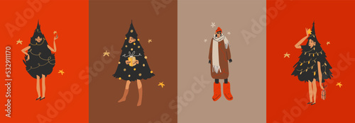 Hand drawn vector abstract graphic Merry Christmas and Happy new year illustration of people characters.People in costumes cards set.Merry Christmas people card design.Winter holiday art collection.