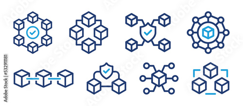 Blockchain technology icon outline set. Cryptocurrency blockchain secured symbol. Vector illustration.